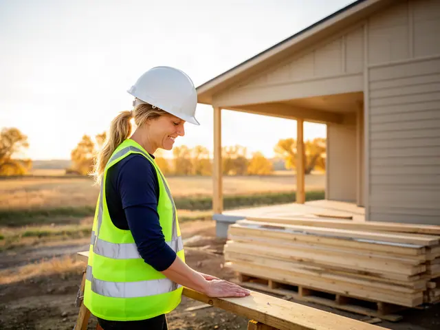A builder in a hard hat and safety vest on a home construction site.