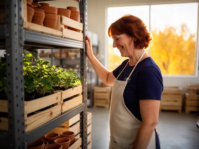 A woman with short auburn hair beside new equipment in a small downtown home-and-garden store.