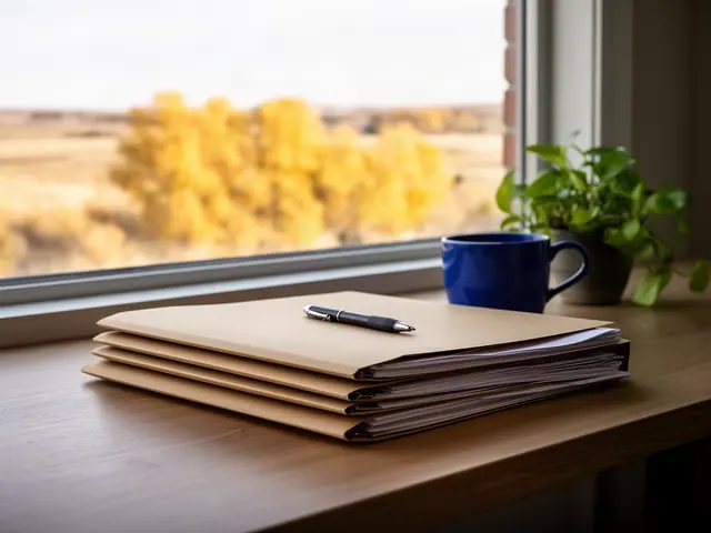 A neat stack of closed manila folders and a pen on a desk by a window.