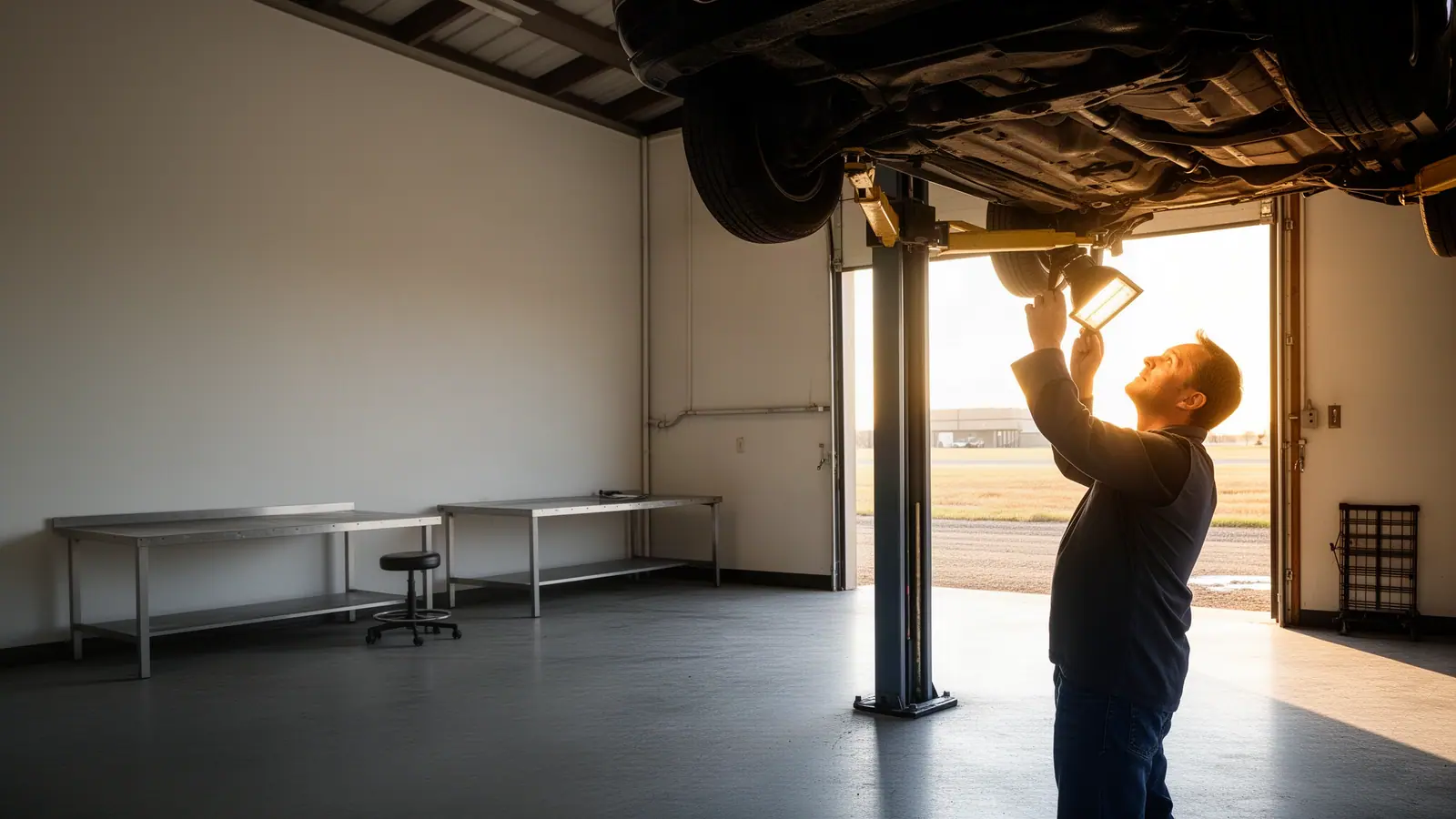 A mechanic inspecting the underside of a car raised on a lift by an open bay door in morning light.