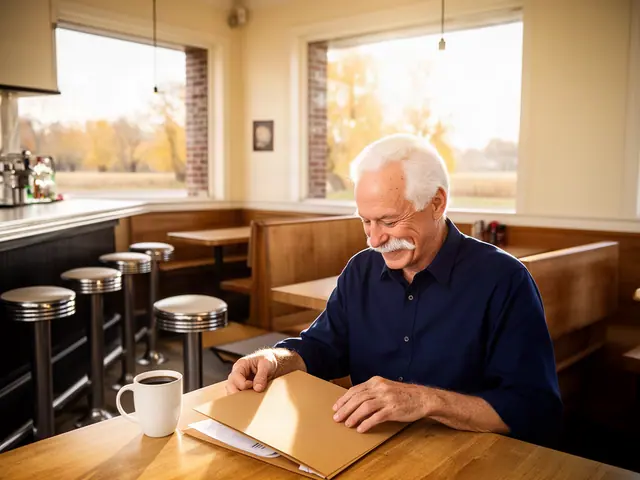 A restaurant owner seated with a folder in an empty dining room before opening.