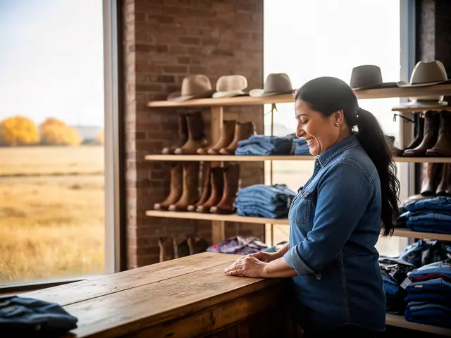 A shop owner behind the counter of a small western-wear and boot shop.