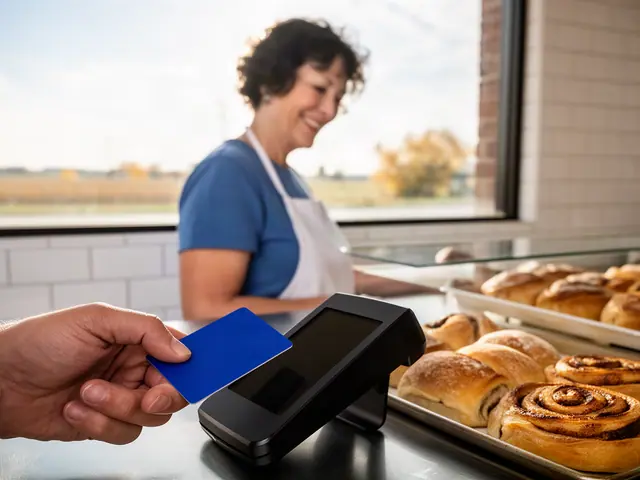 A customer taps a card on a counter terminal at a small bakery.